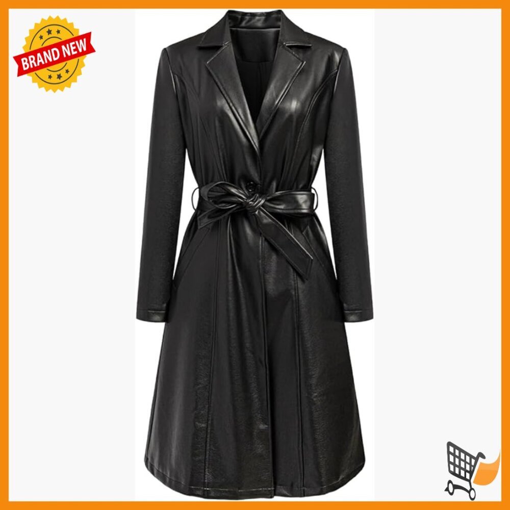 Faux Leather Trench Coat with Belt, Long Sleeve Mid-Length Motorcycle Style